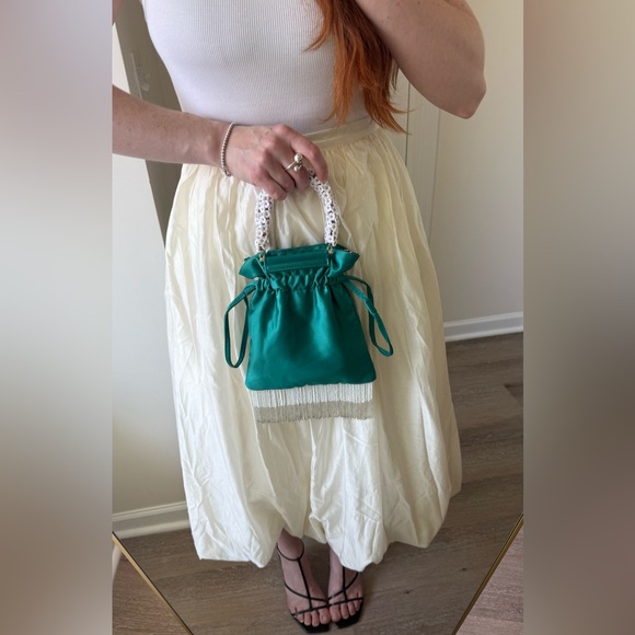 Uterque Handbags - Uterque emerald satin bag with beads and plastic flower handles